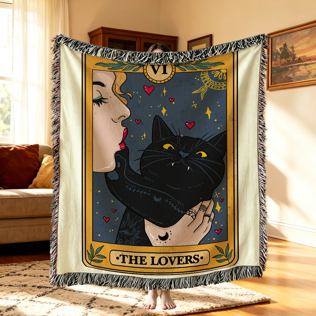 Purplehecate The Lovers Cat Tarot Woven Tapestry Blanket
