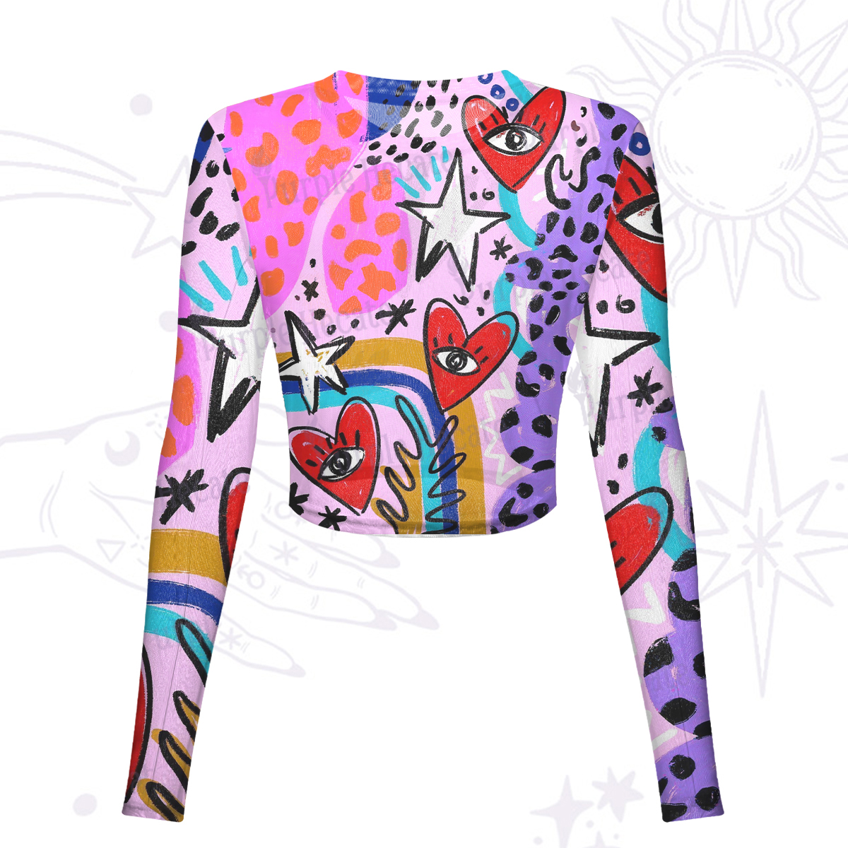 Purplehecate Cosmic Love Eyes Graffiti Mesh Long Sleeve Crop Top
