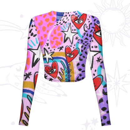 Purplehecate Cosmic Love Eyes Graffiti Mesh Long Sleeve Crop Top