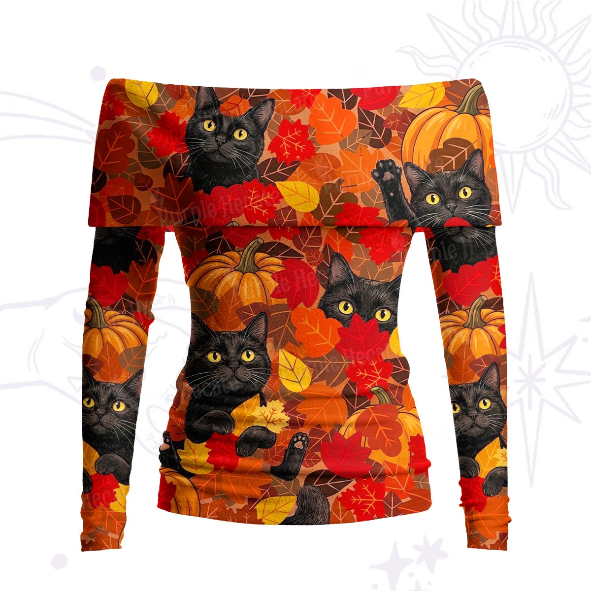 Purplehecate Autumn Pumpkin Patch Black Cat Off Shoulder Long Sleeve Knit Top