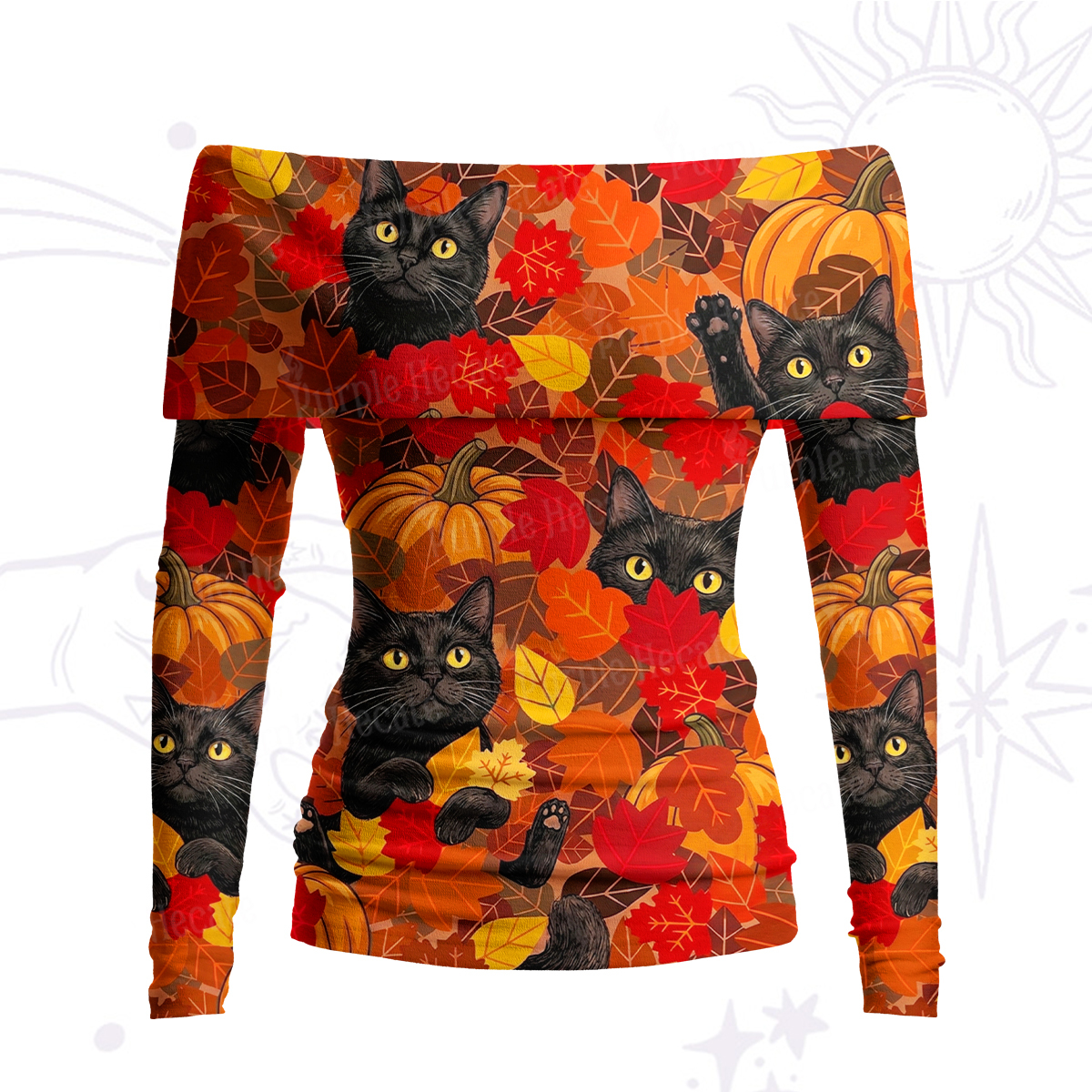 Purplehecate Autumn Pumpkin Patch Black Cat Off Shoulder Long Sleeve Knit Top