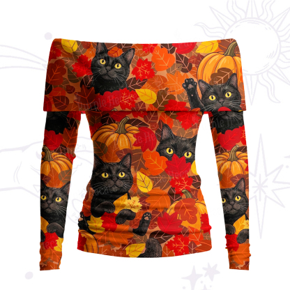 Purplehecate Autumn Pumpkin Patch Black Cat Off Shoulder Long Sleeve Knit Top
