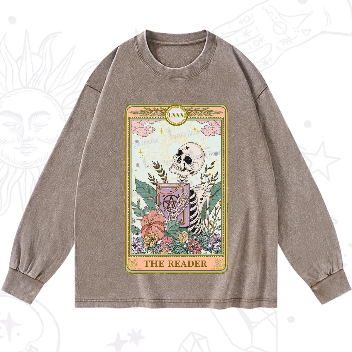 Purplehecate The Reader Occult Tarot Skeleton Washed Long Sleeve Shirt