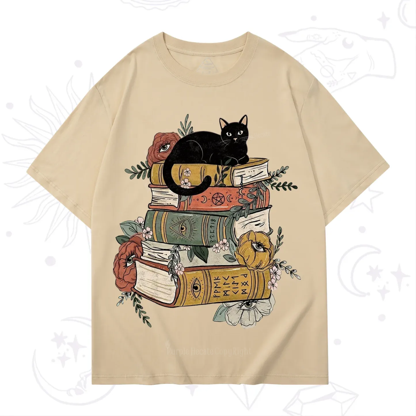 Purplehecate Black Cat on Books T-Shirt