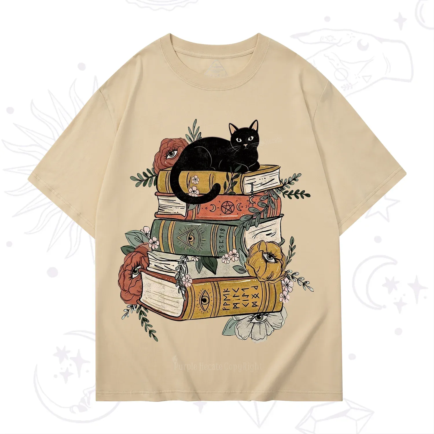 Purplehecate Black Cat on Books T-Shirt