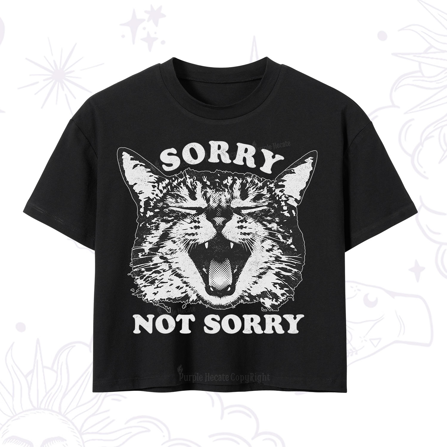 Purplehecate Sorry Not Sorry Funny Cat Crop T-Shirt