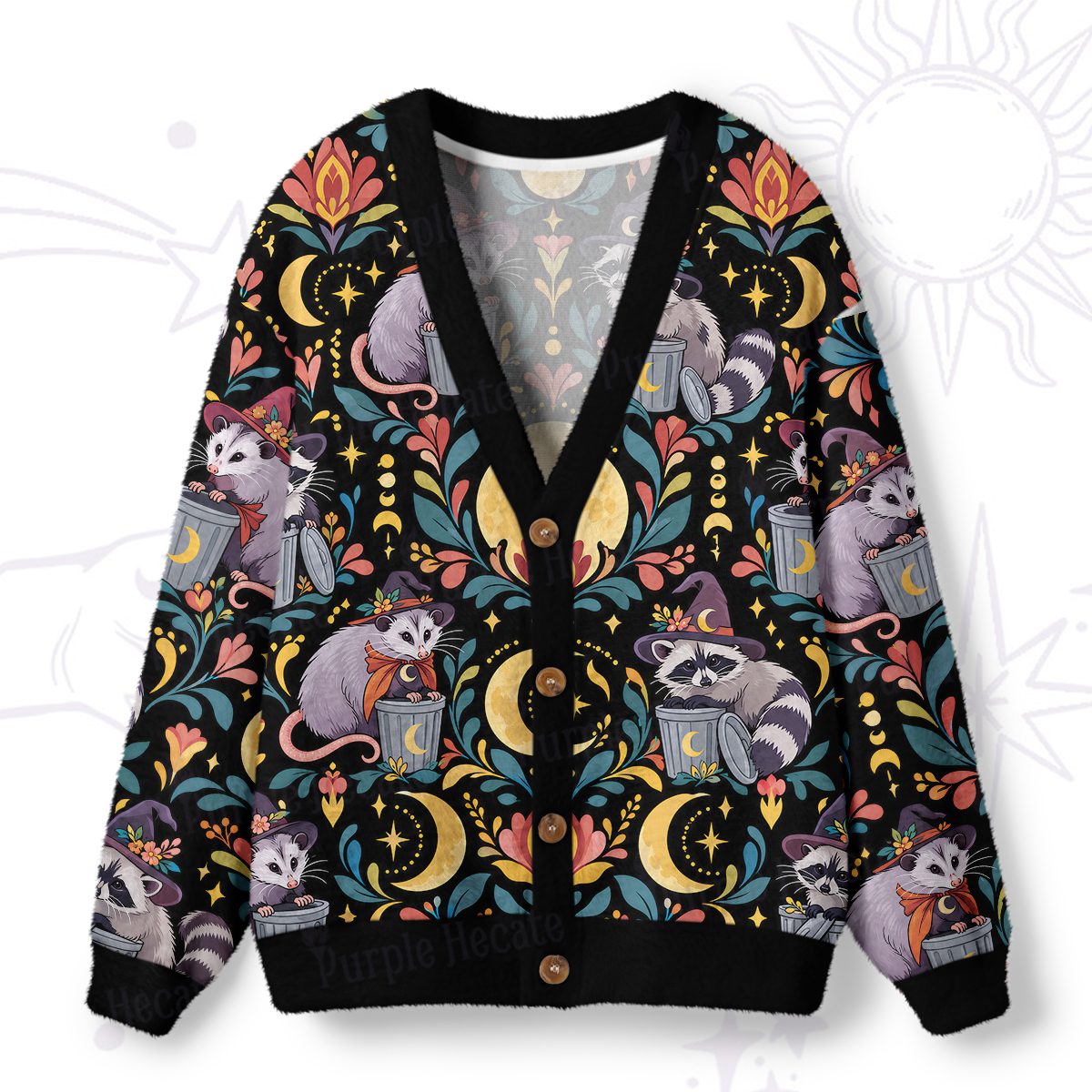Purplehecate Trash Raccoon & Possum Midnight Mischief Ugly Cardigan Sweaters