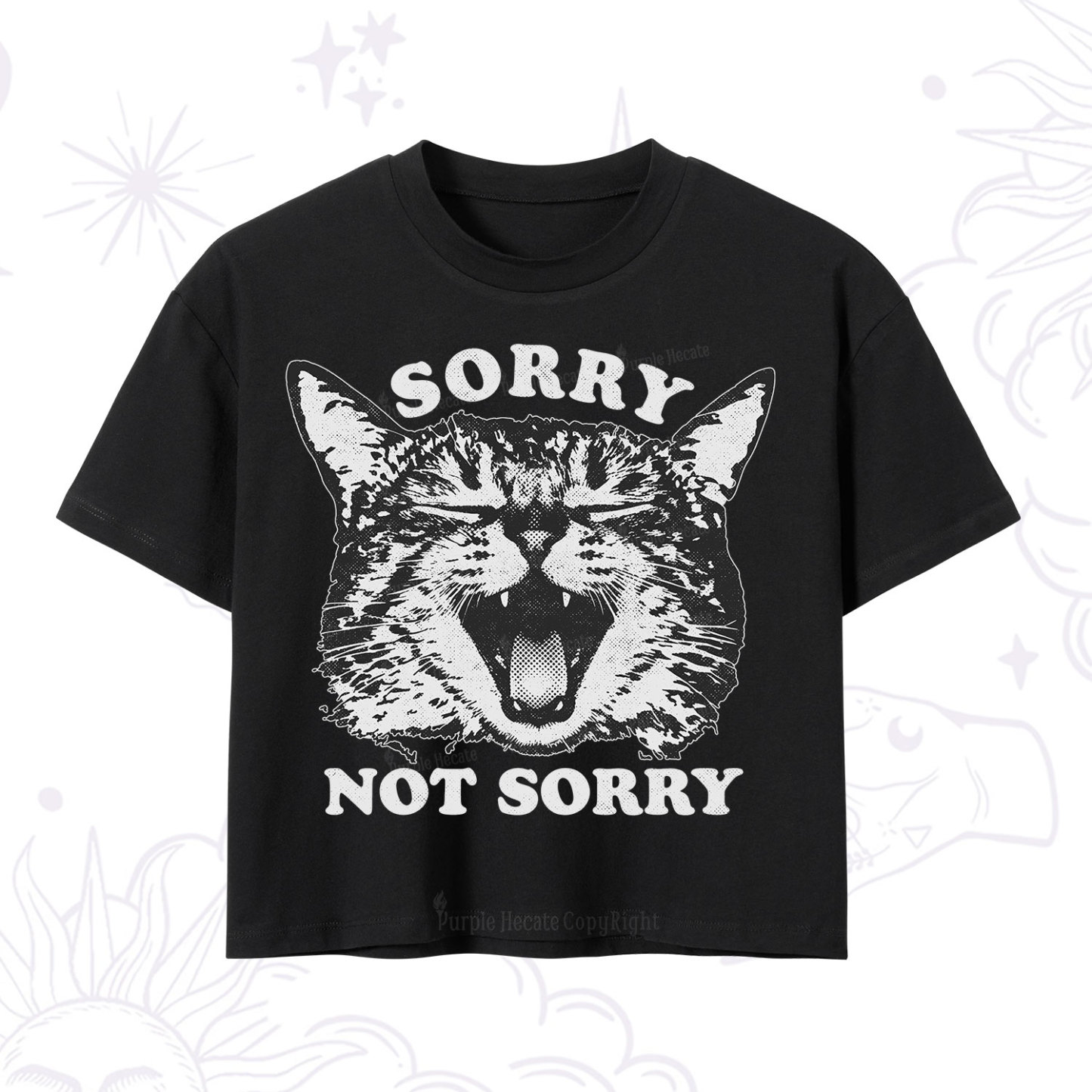 Purplehecate Sorry Not Sorry Funny Cat Crop T-Shirt