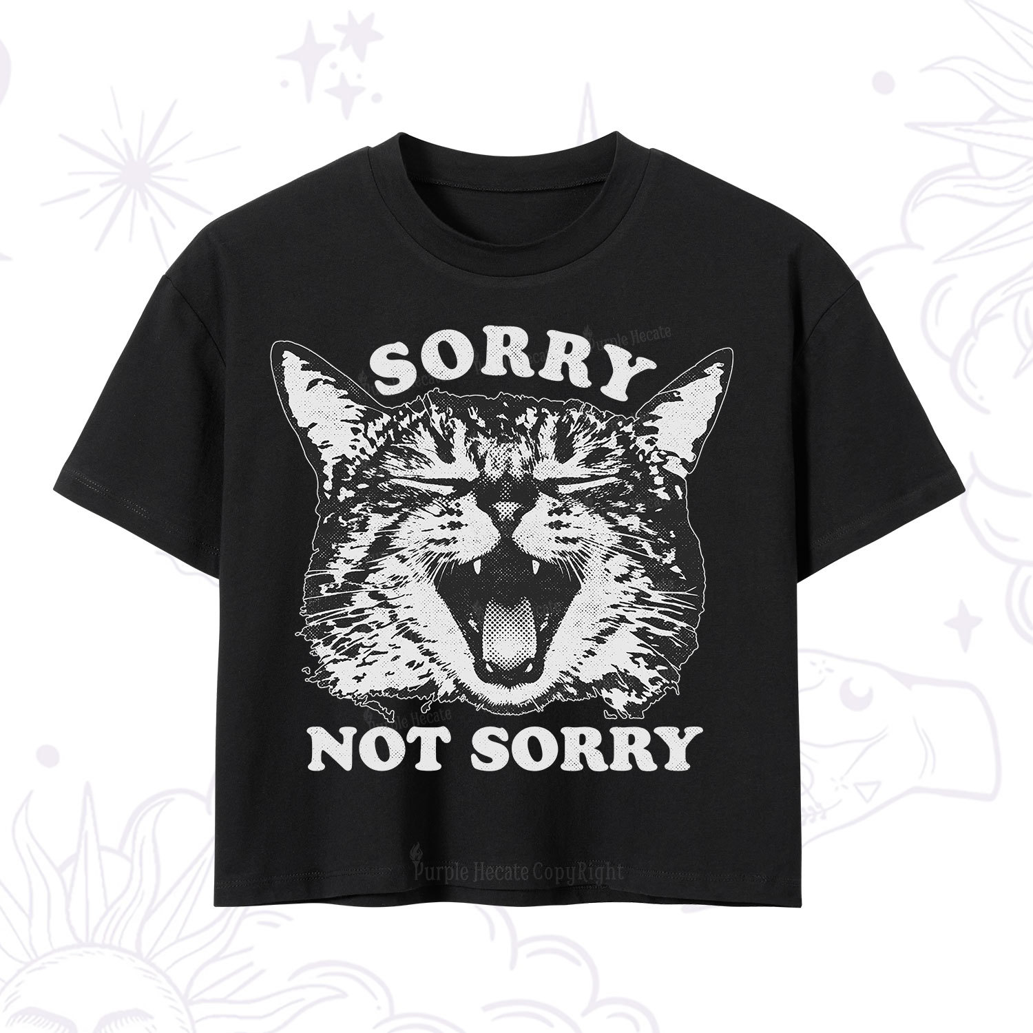 Purplehecate Sorry Not Sorry Funny Cat Crop T-Shirt