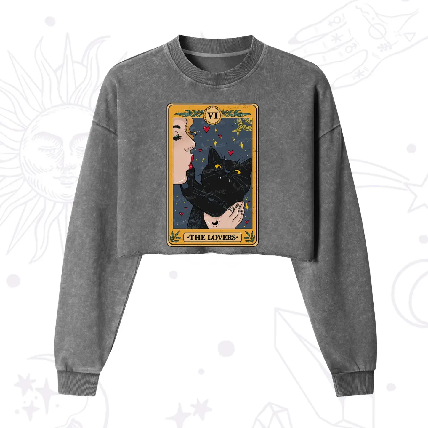 Purplehecate The Lovers Cat Tarot Cropped Washed Sweatshirt
