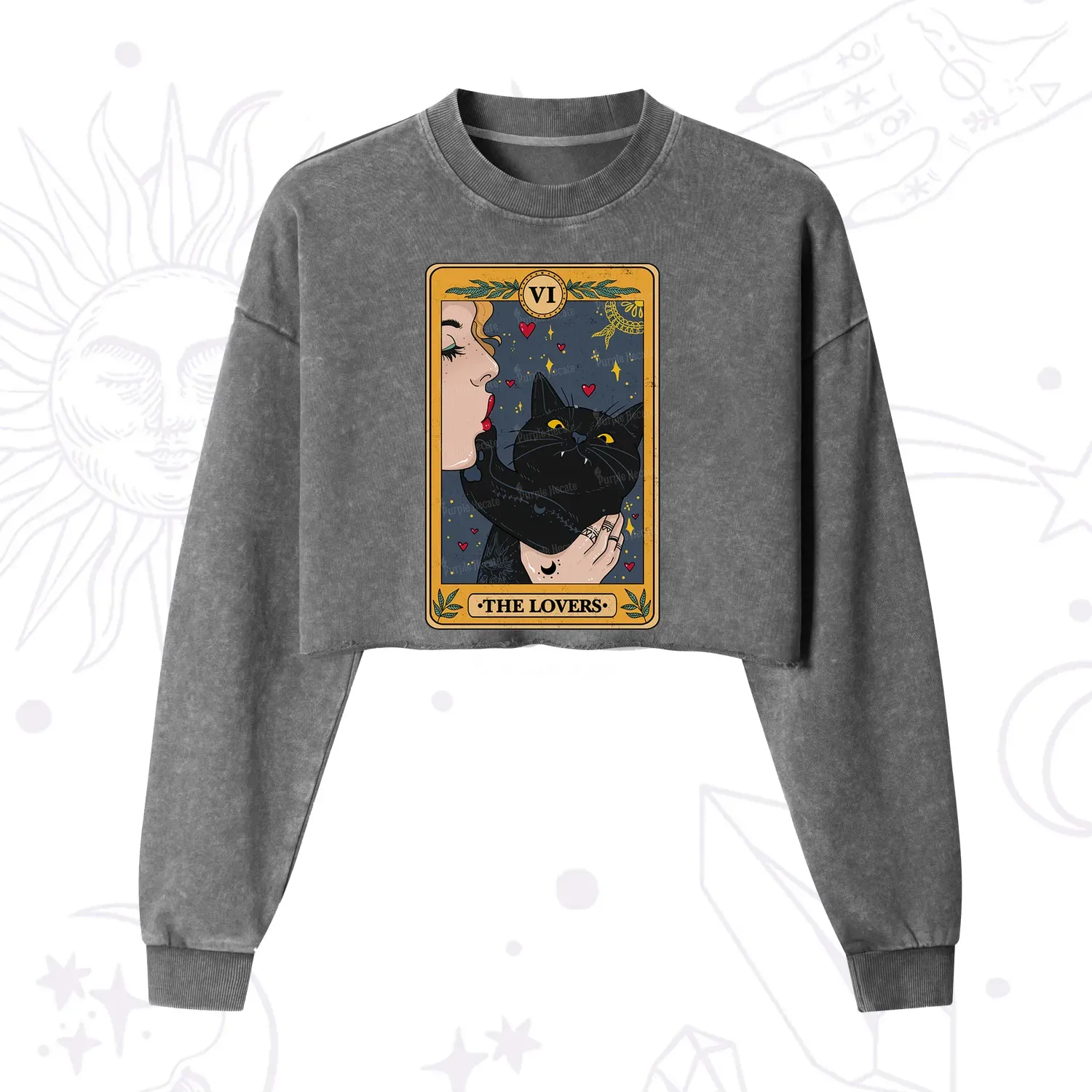 Purplehecate The Lovers Cat Tarot Cropped Washed Sweatshirt