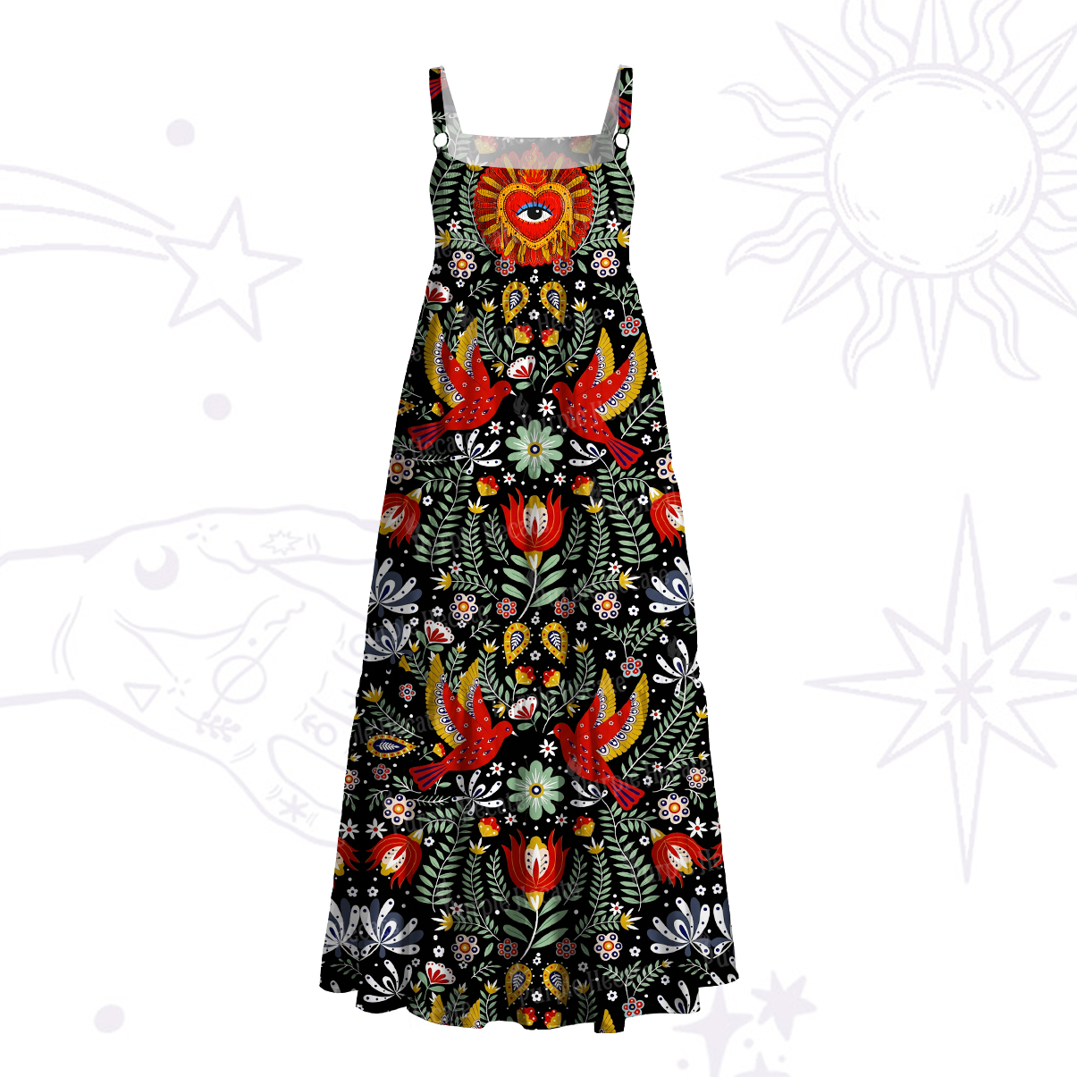 Purplehecate Sacred Sunbird Garden Wide Straps Maxi Dress
