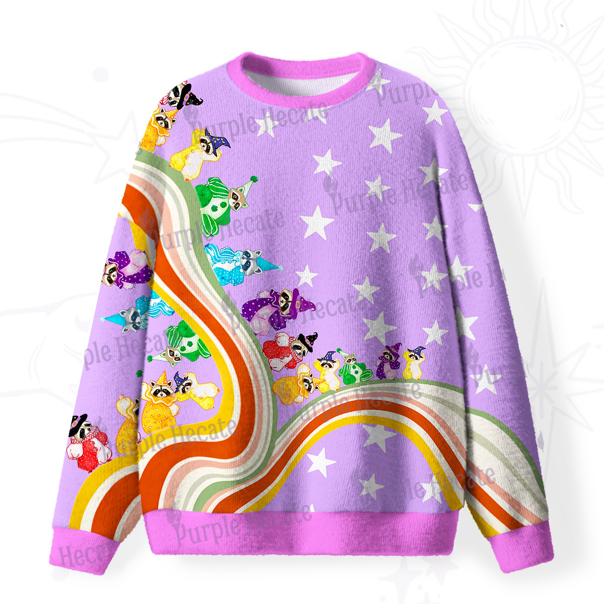 Purplehecate Rainbow Raccoon Star Fuzzy Ugly Sweatshirt