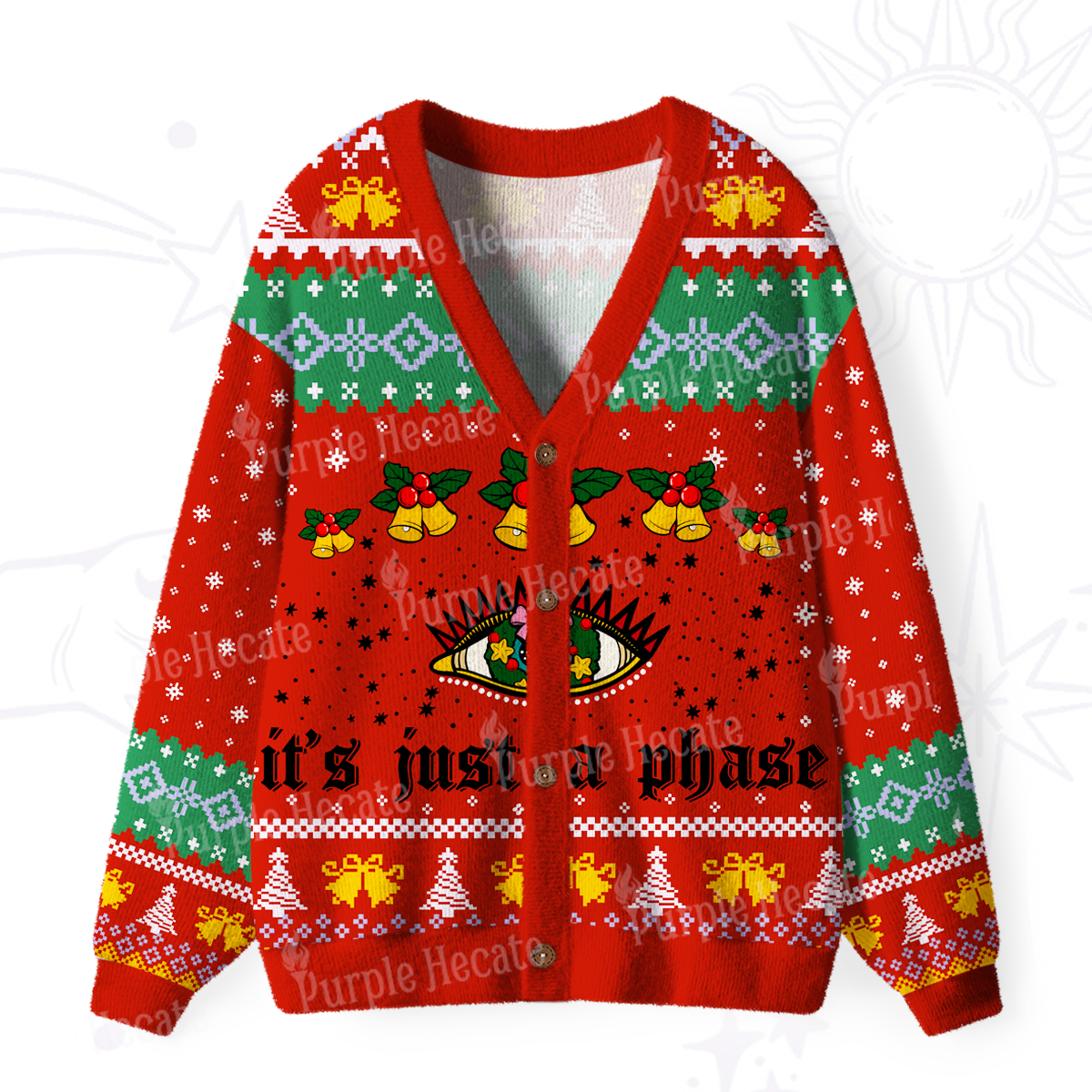 Purplehecate It's Just A Phase Christmas Ugly Cardigan Sweaters
