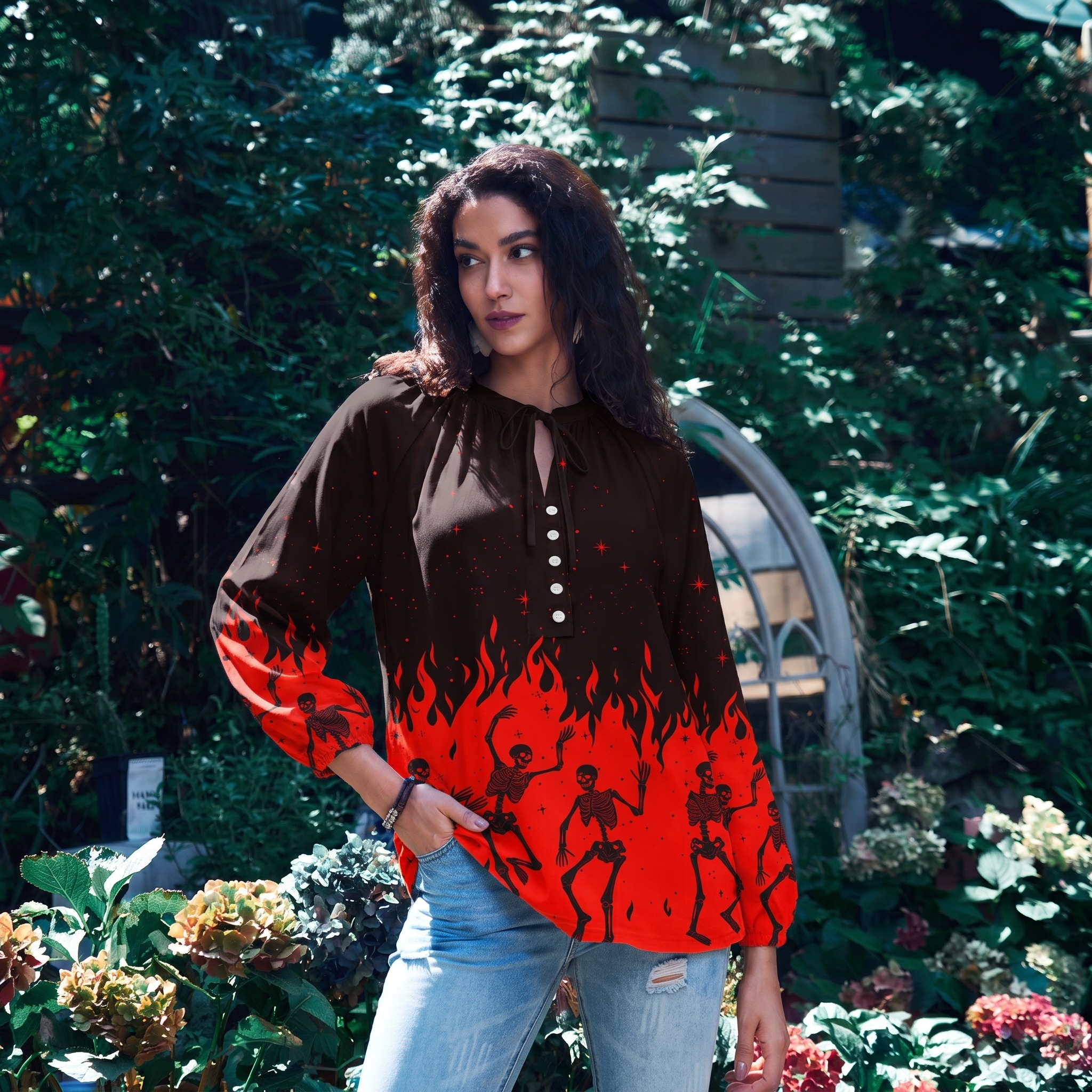 Purplehecate Infernal Revelry Split Neck Tie Blouse