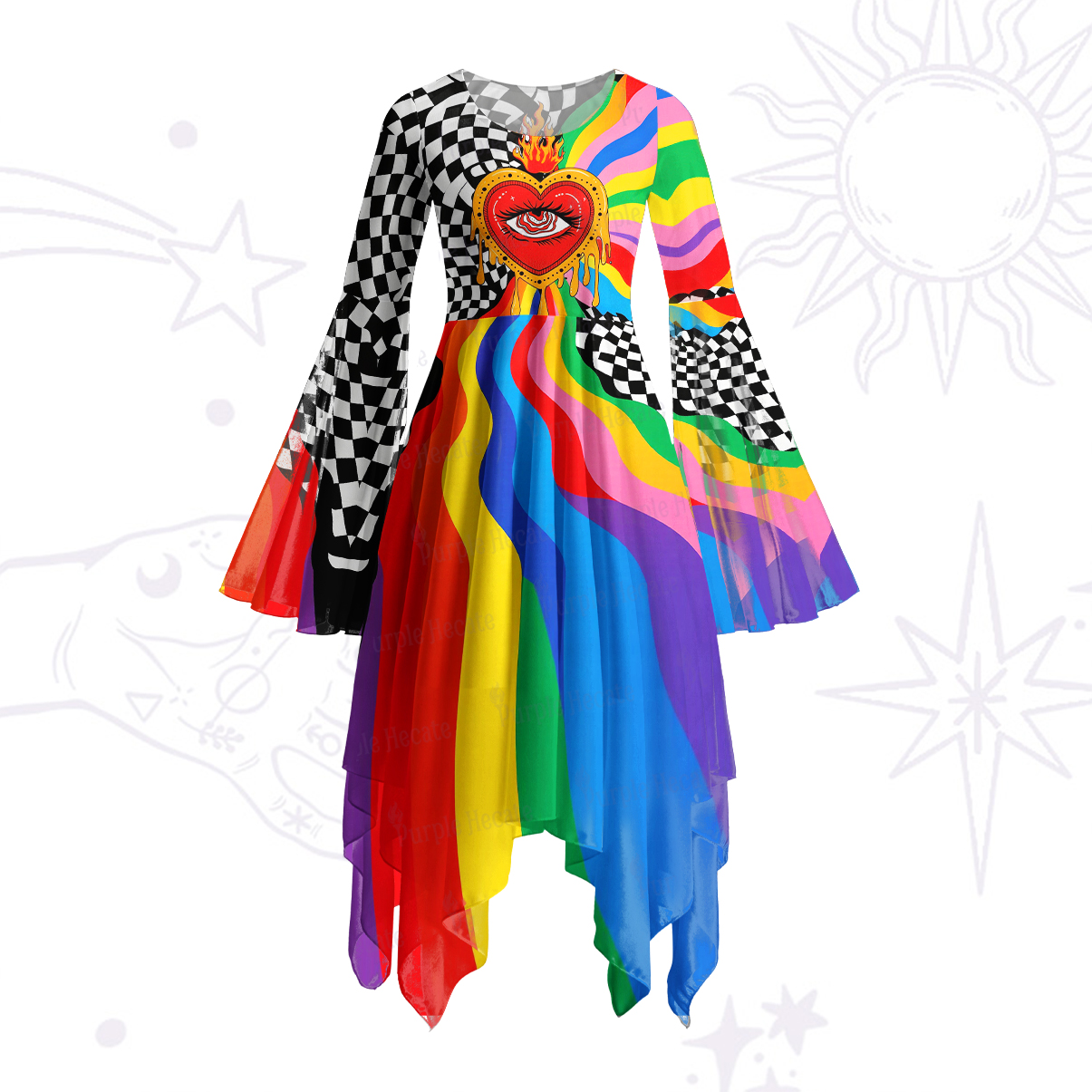 Purplehecate Trippy Rainbow Heart Eye Bell Sleeve Dress