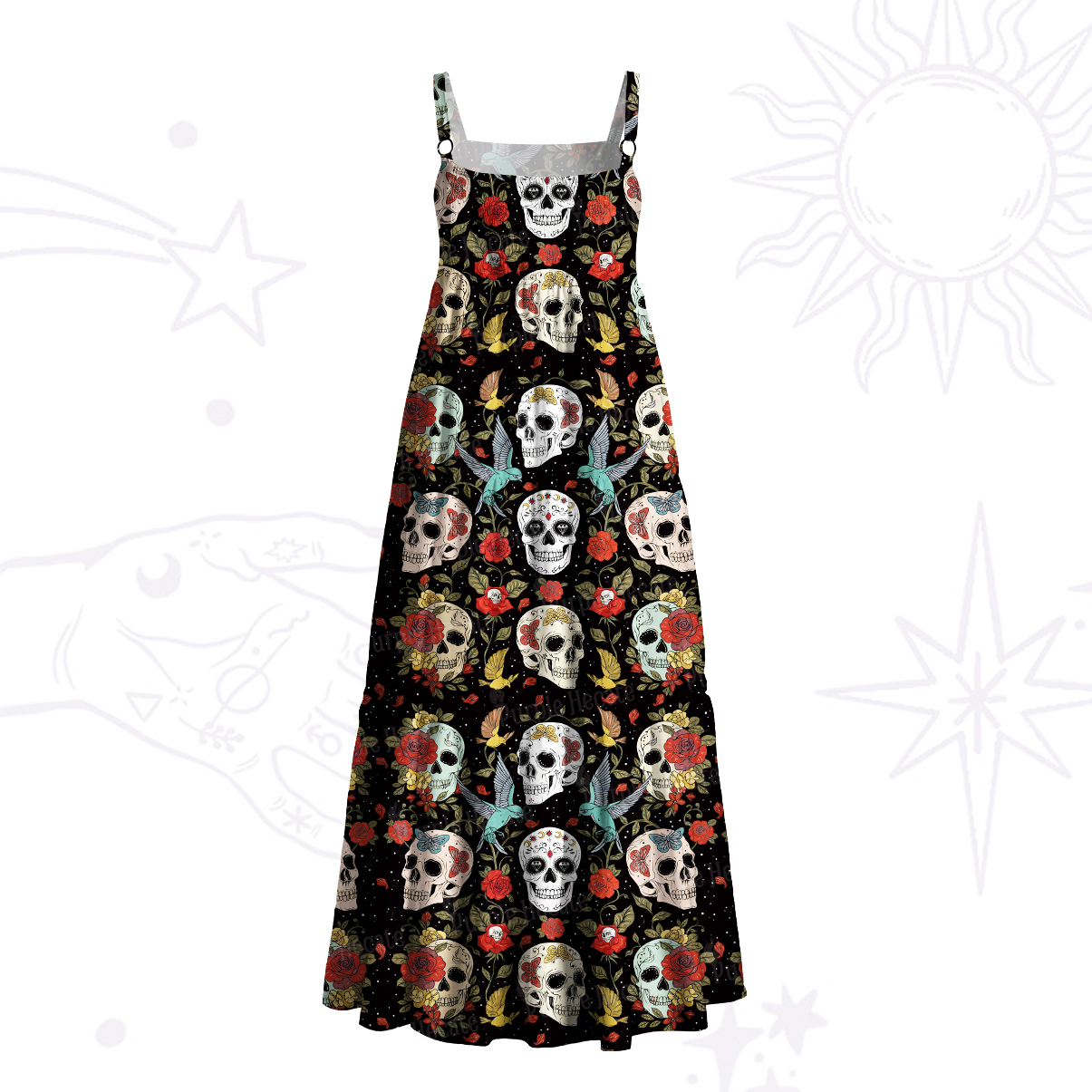 Purplehecate Skull Floral Wide Straps Maxi Dress