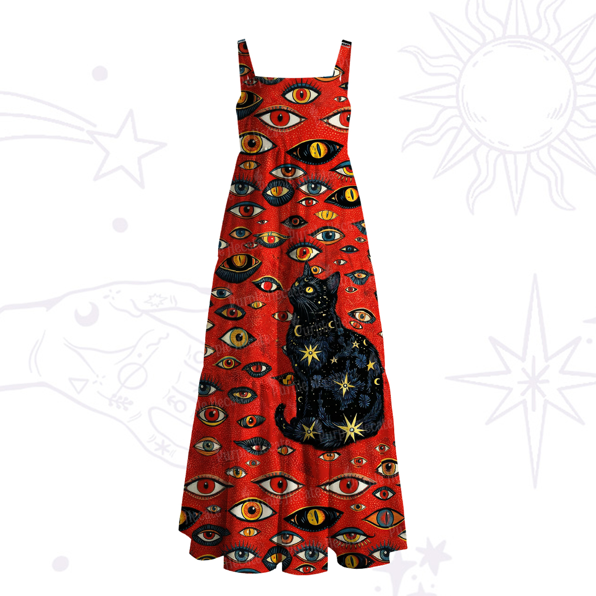 Purplehecate Cosmic Watcher Cat Wide Straps Maxi Dress
