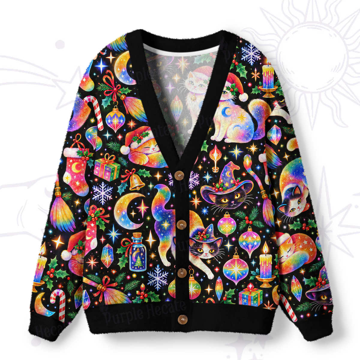Purplehecate Rainbow Starlight Wizard Cat Holiday Ugly Cardigan Sweaters