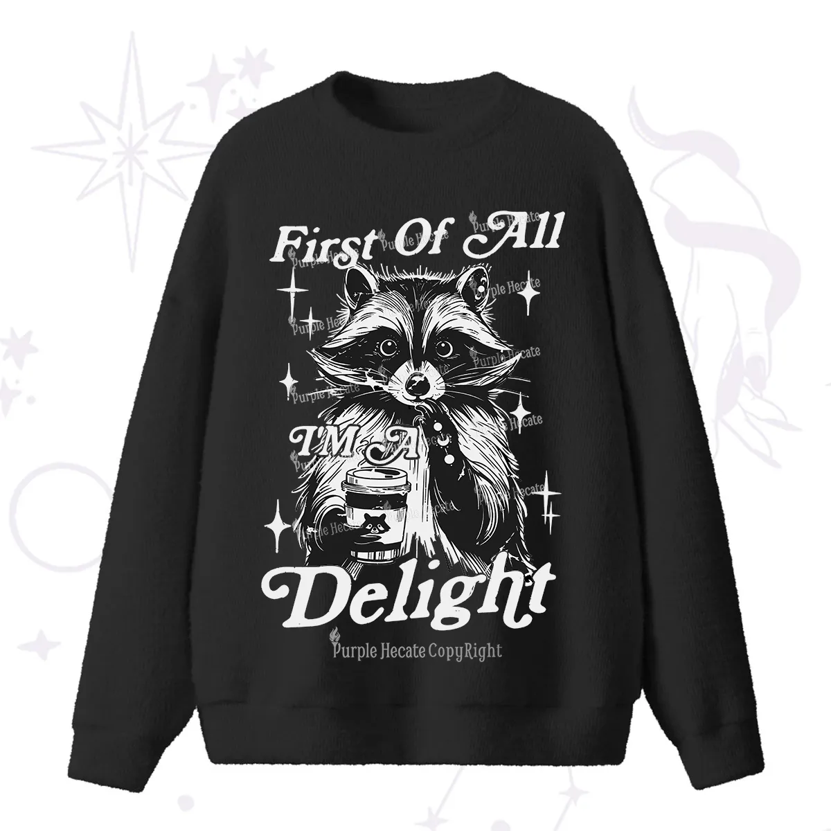 Purplehecate First Of All I'm A Delightful Funny Raccoon Fuzzy Ugly Sweater