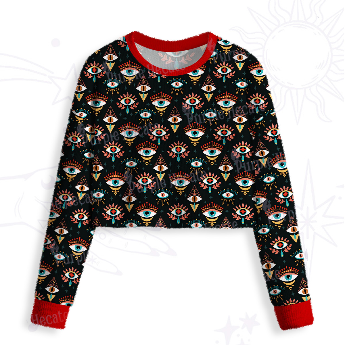 Purplehecate Evil Eye Pattern Crop Fuzzy Ugly Sweatshirt