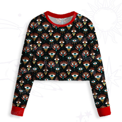 Purplehecate Evil Eye Pattern Crop Fuzzy Ugly Sweatshirt