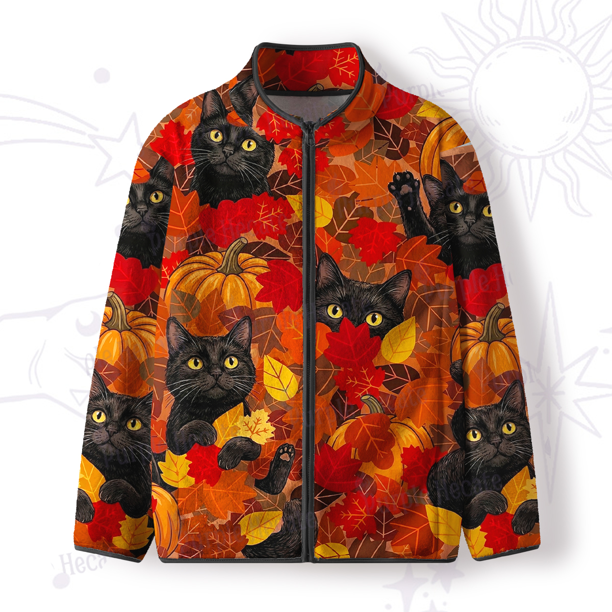Purplehecate Autumn Pumpkin Patch Black Cat Full Zip Fleece Jacket