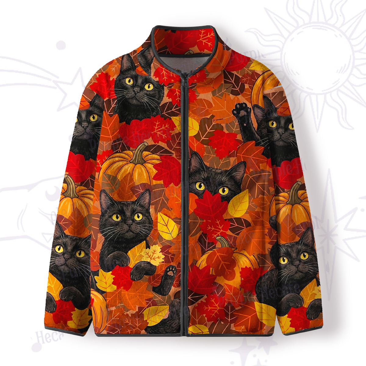 Purplehecate Autumn Pumpkin Patch Black Cat Full Zip Fleece Jacket