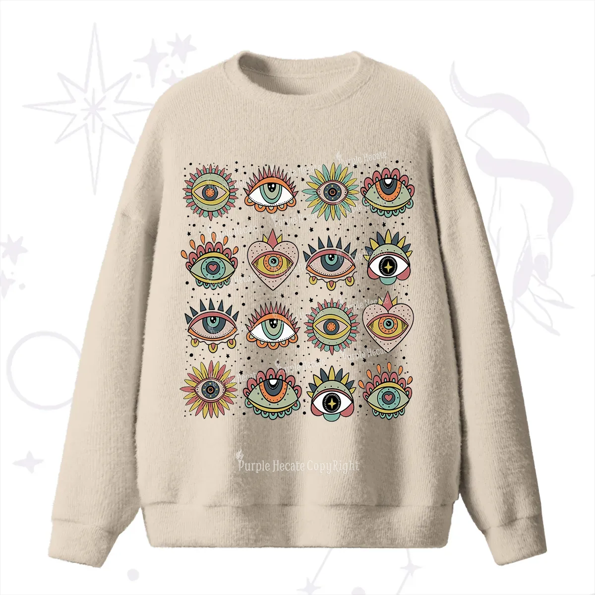 Purplehecate Mystical Evil Eye Pattern Fuzzy Ugly Sweater