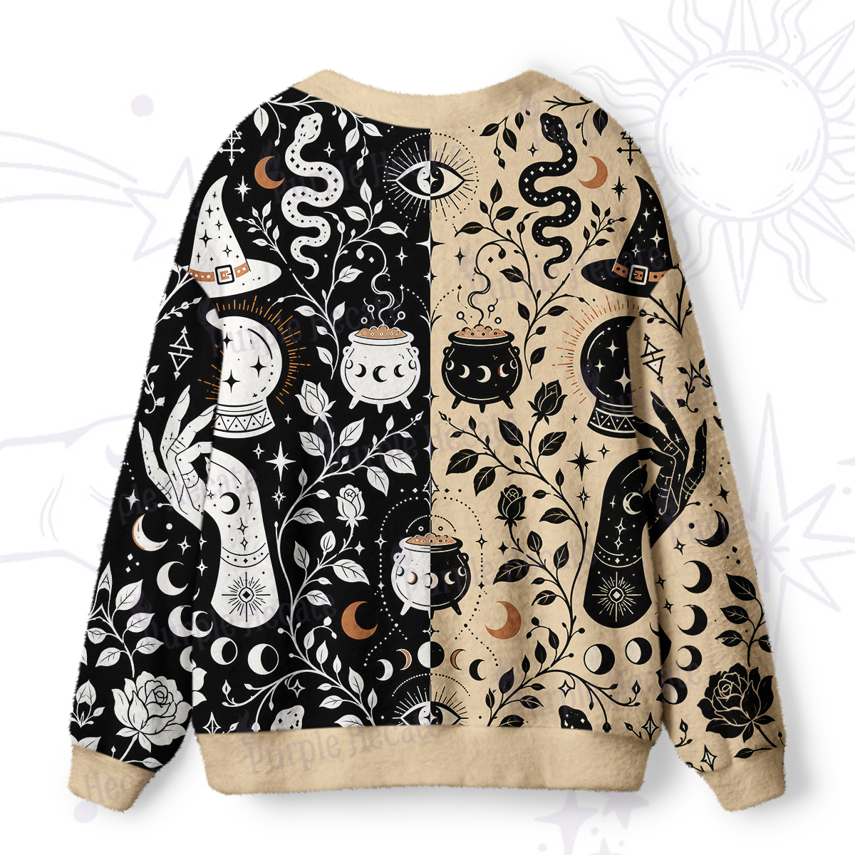 Purplehecate Dual Witch Hands Moon Phase Ugly Cardigan Sweaters