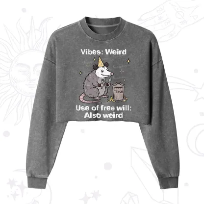 Purplehecate Weird Vibes Only Opossum Cropped Washed Sweatshirt