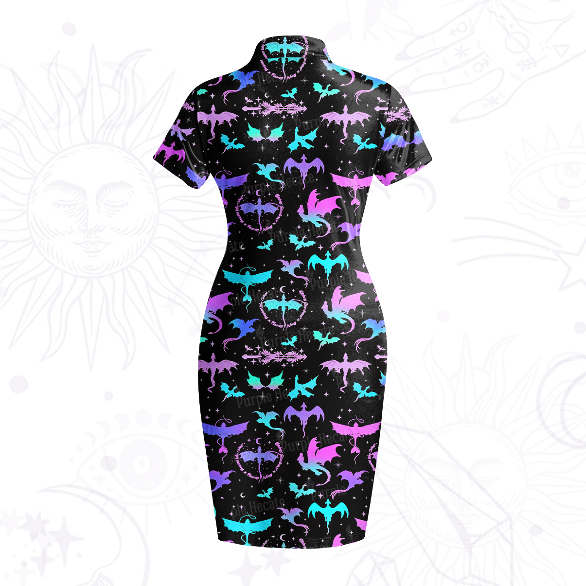 Purplehecate Neon Fantasy Dragon Allover Velvet Bodycon Dress