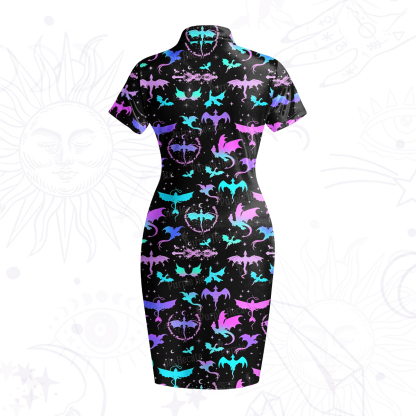 Purplehecate Neon Fantasy Dragon Allover Velvet Bodycon Dress