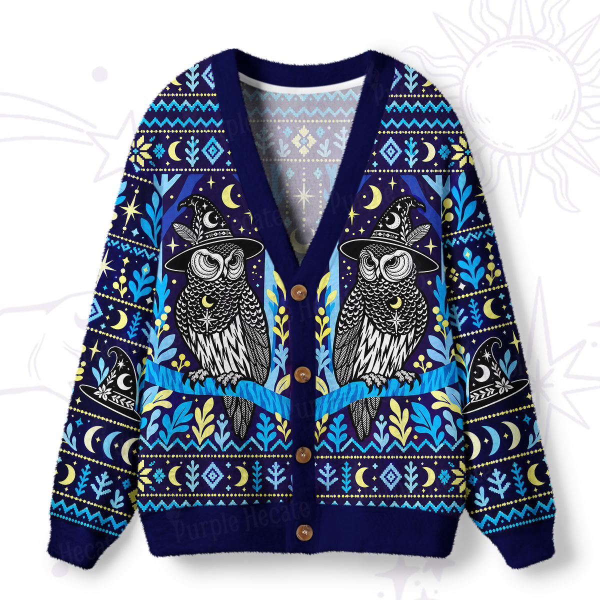Purplehecate Mystic Owl Moonlit Forest Ugly Cardigan Sweaters