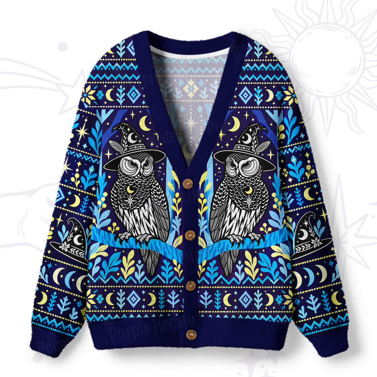 Purplehecate Mystic Owl Moonlit Forest Ugly Cardigan Sweaters