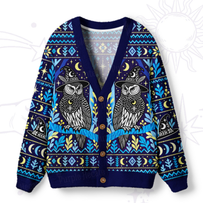 Purplehecate Mystic Owl Moonlit Forest Ugly Cardigan Sweaters