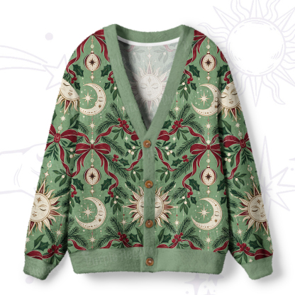 ]Purplehecate Green Starry Moon Christmas Wreath Ugly Cardigan Sweaters