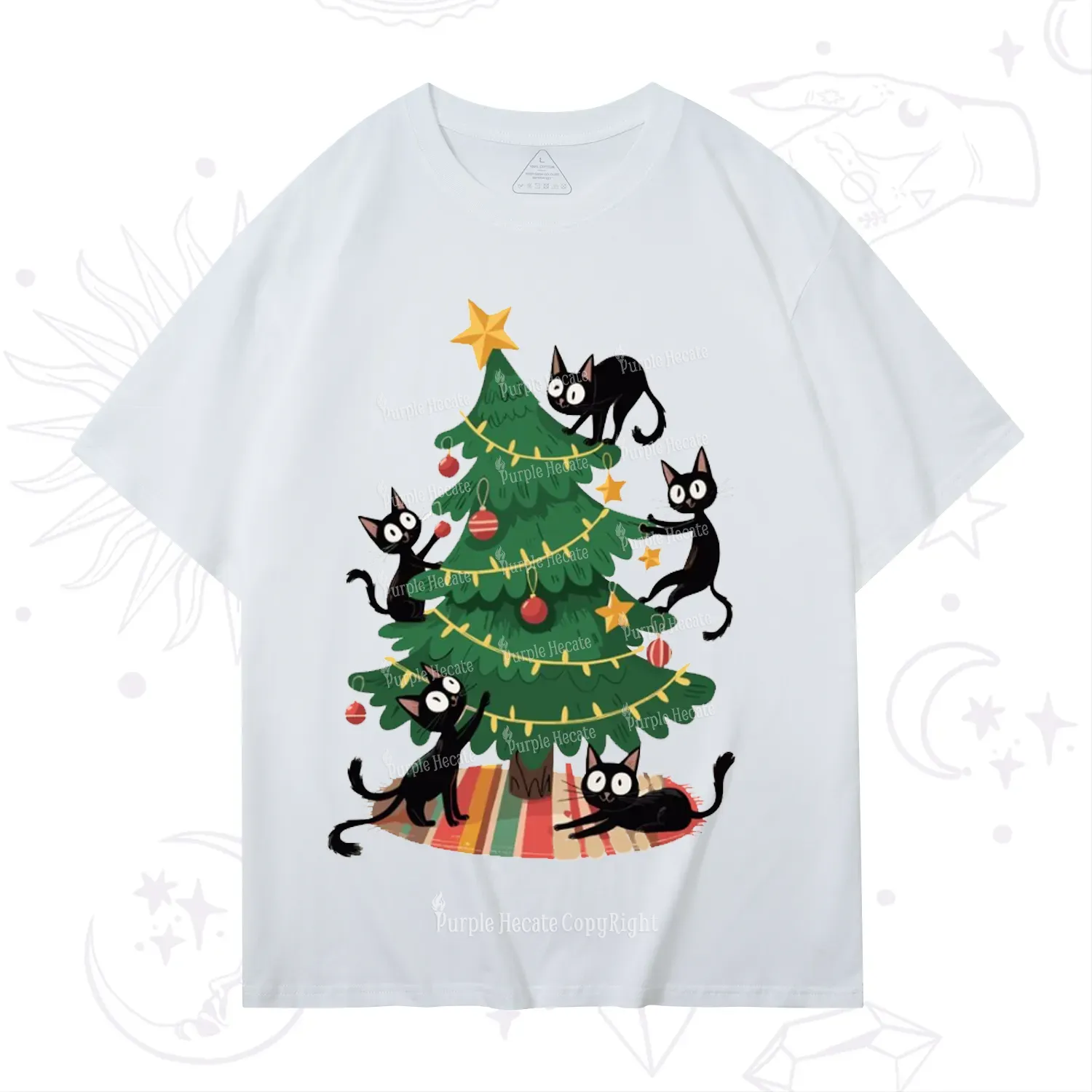 Purplehecate Black Cat in Tree Christmas T-Shirt