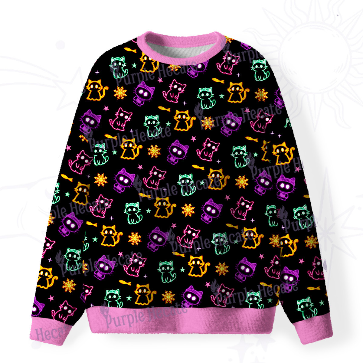 Purplehecate Neon Cat Party Fuzzy Ugly Christmas Sweatshirt