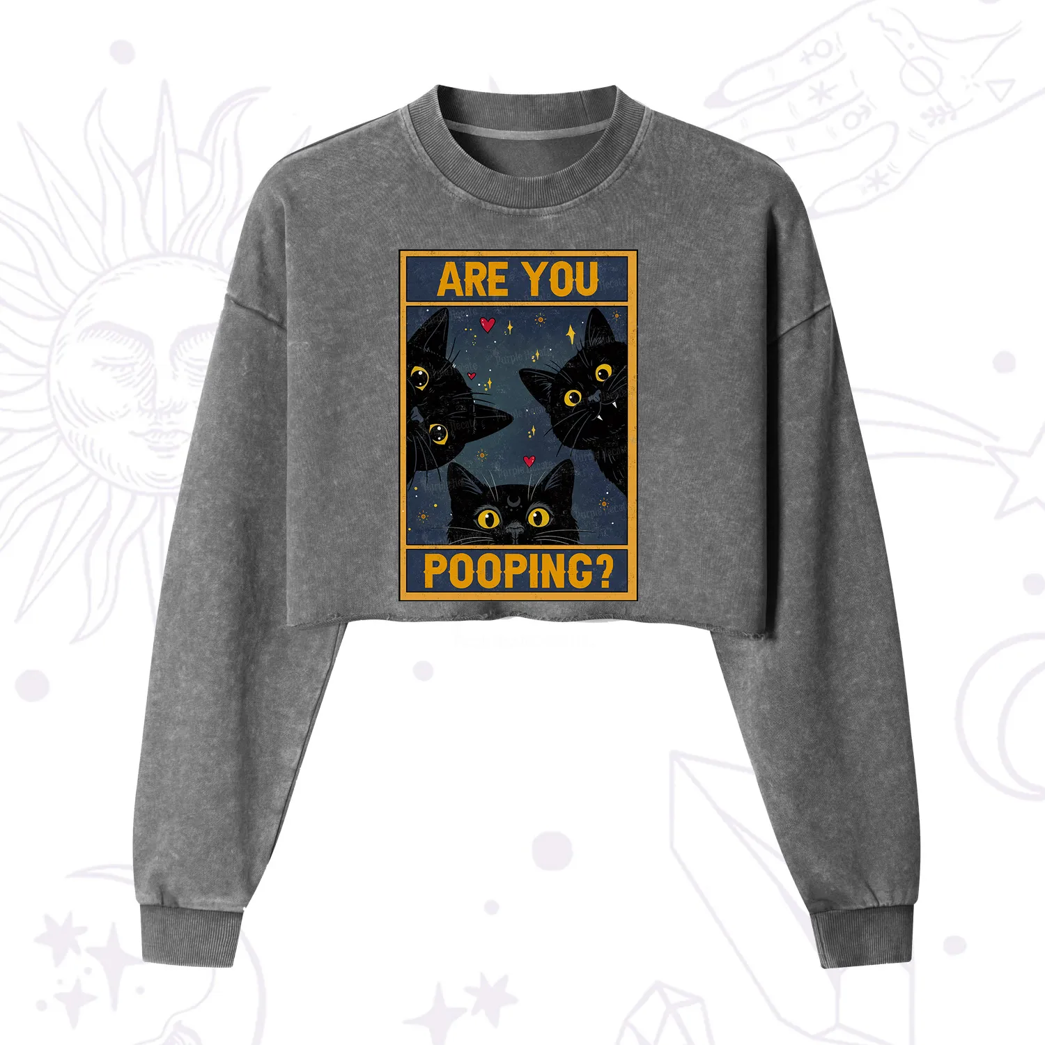 Purplehecate Funny Black Cat Are You Pooping Cropped Washed Sweatshirt