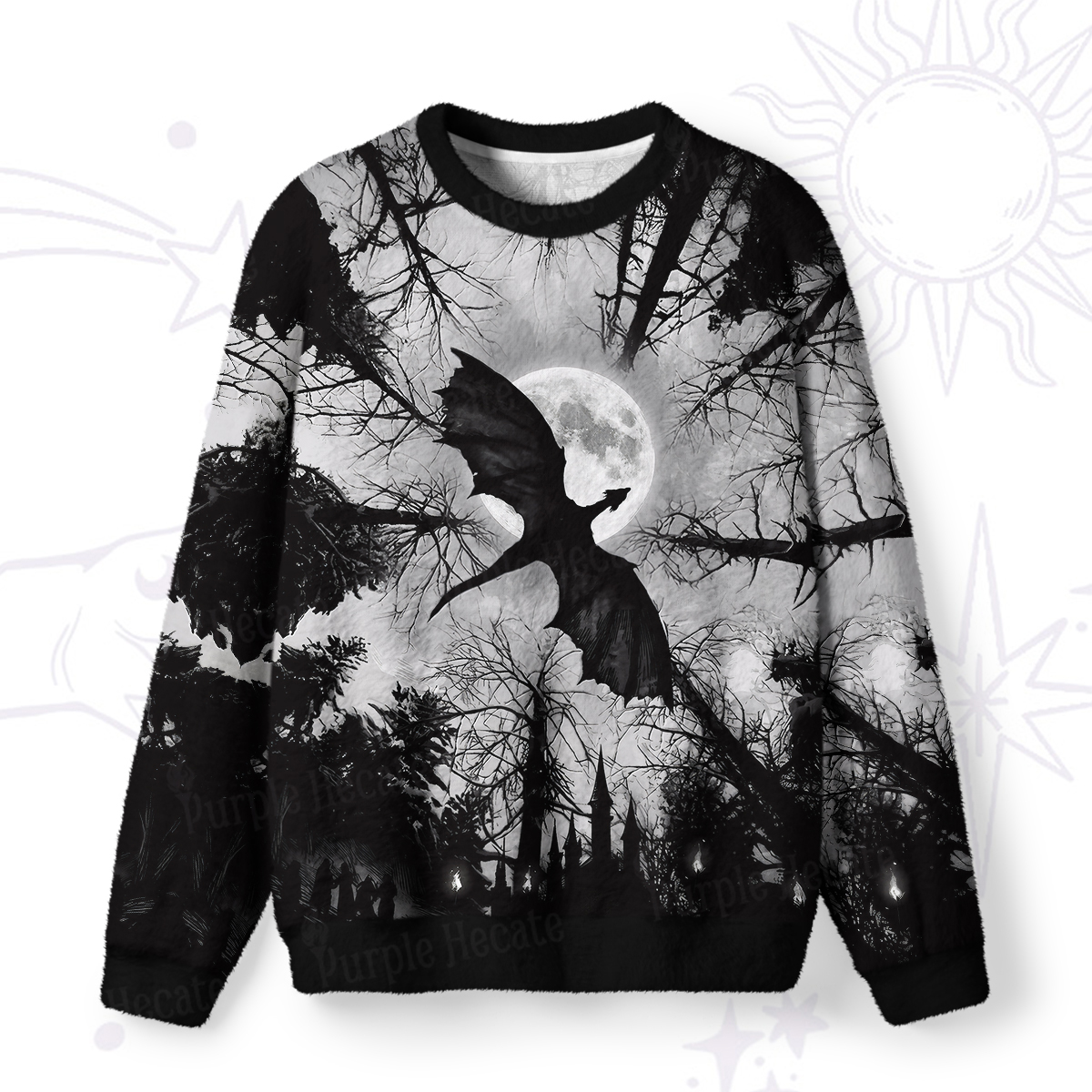 Purplehecate Gothic Moonlit Dragon Forest Fuzzy Ugly Sweatshirt