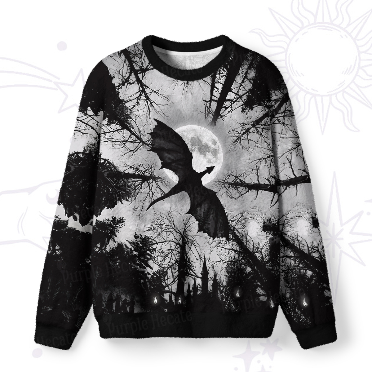 Purplehecate Gothic Moonlit Dragon Forest Fuzzy Ugly Sweatshirt