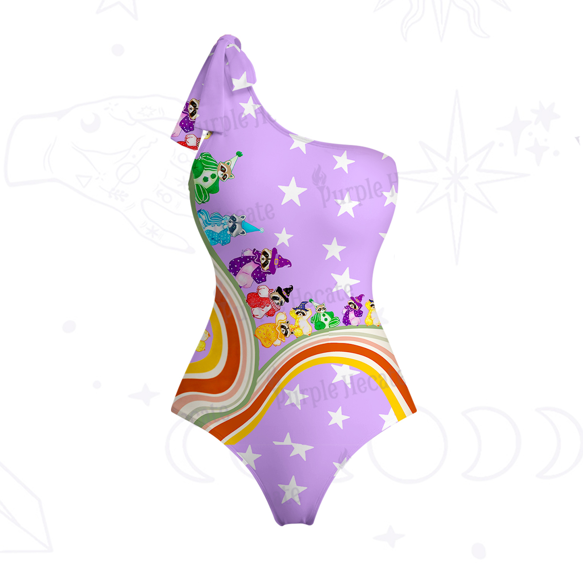 Purplehecate Rainbow Raccoon Star One-Shoulder One-Piece Swimsuit