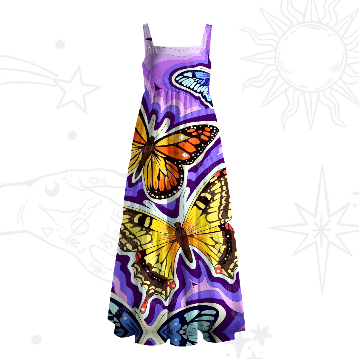 Purplehecate Psychedelic Butterfly Wide Straps Maxi Dress