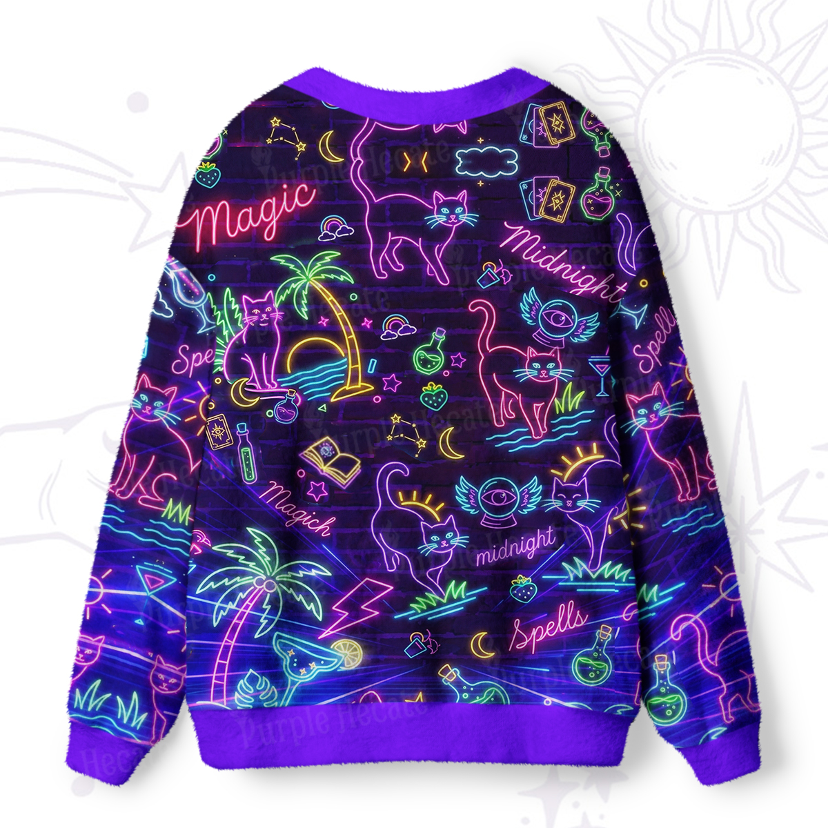 Purplehecate Neon Midnight Cat Magic Ugly Cardigan Sweaters