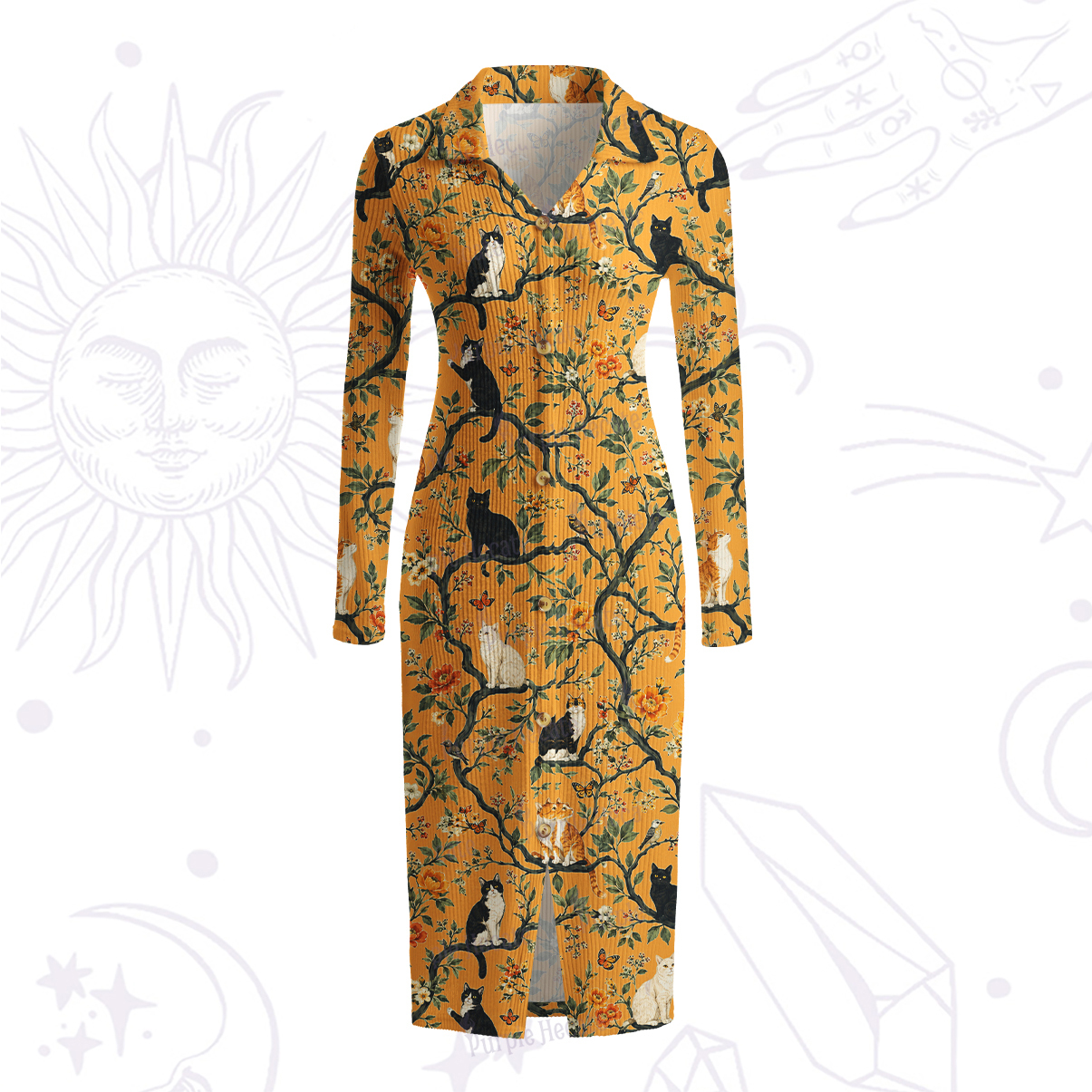 Purplehecate Enchanted Cat Grove Ribbed Knit Dress