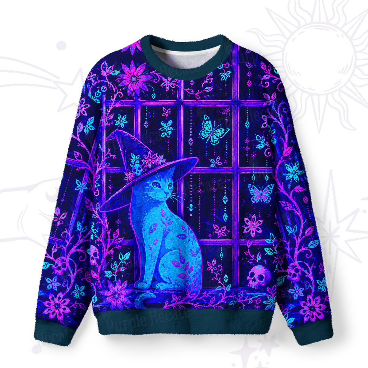 Purplehecate The Enchanted Black Cat by the Glowing Window Fuzzy Ugly Sweatshirt