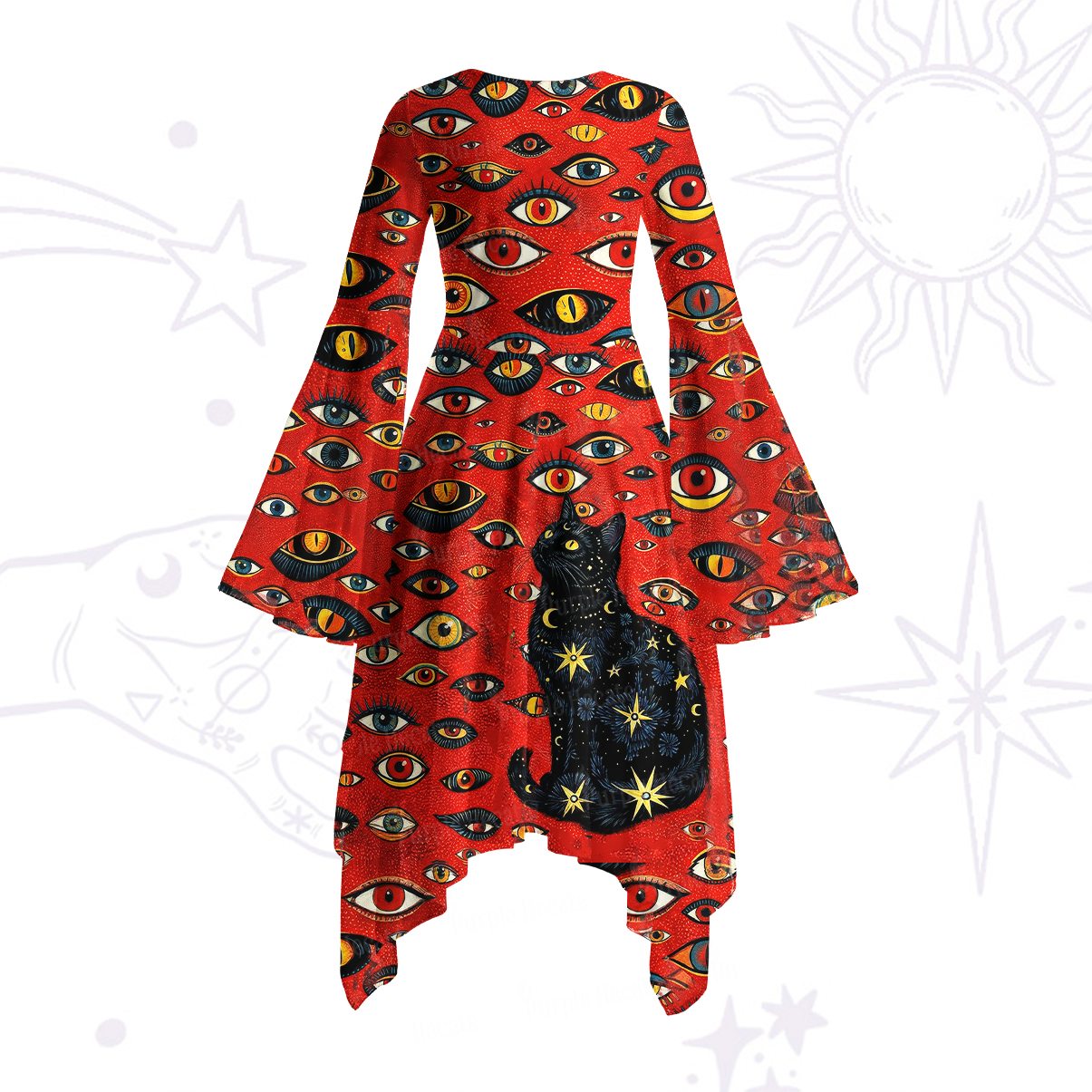 Purplehecate Cosmic Watcher Cat Bell Sleeve Dress