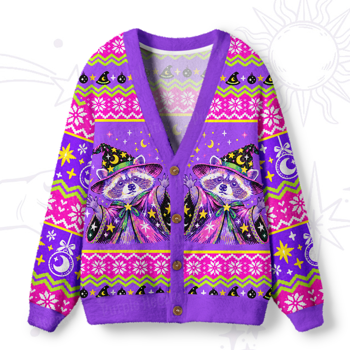 Purplehecate Magic Rainbow Magician Raccoon Ugly Cardigan Sweaters