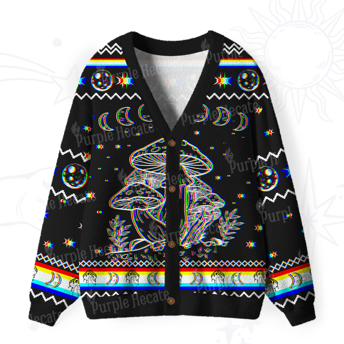 Purplehecate Mushroom and Moon Ugly Cardigan Sweaters